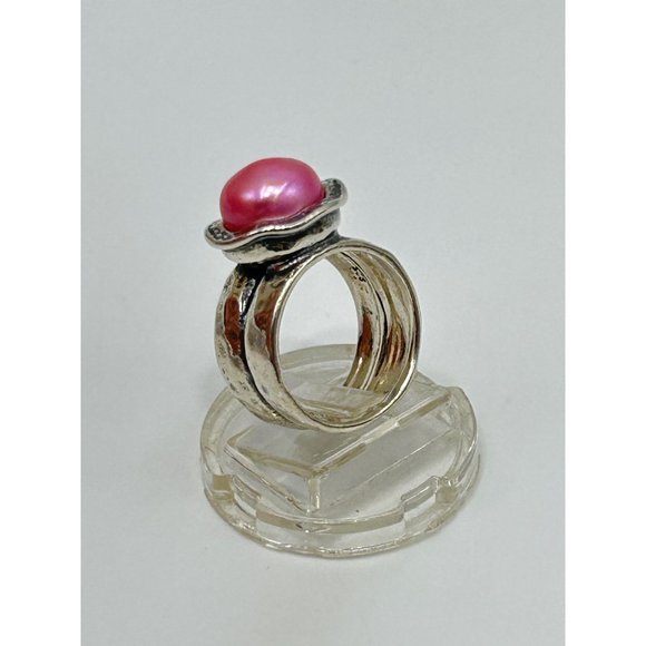 Didae Israel Sterling Silver Dyed Pink Pearl Ring Size 5 925 Hammered Design - Picture 4 of 9